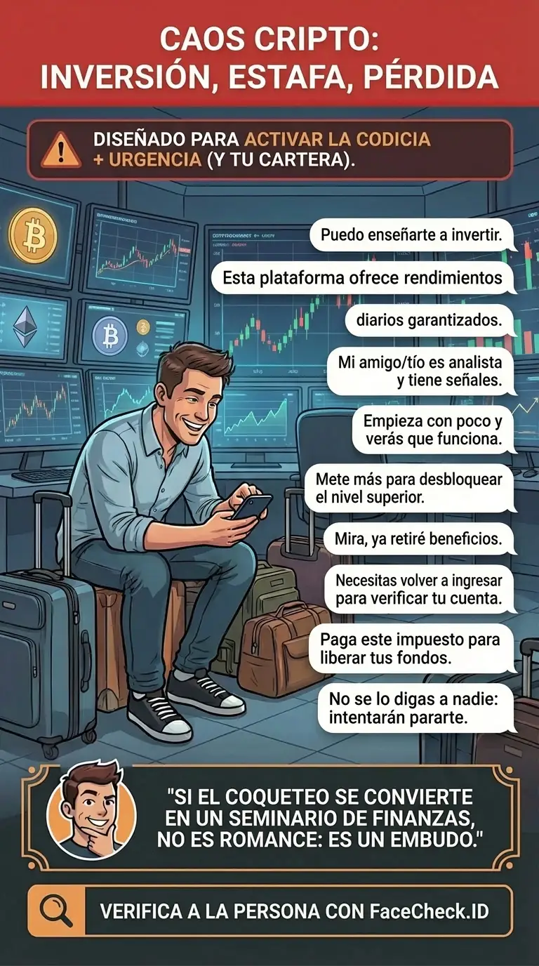 Infografía sobre advertencias de estafas cripto, consejos de prevención y patrones comunes de fraude