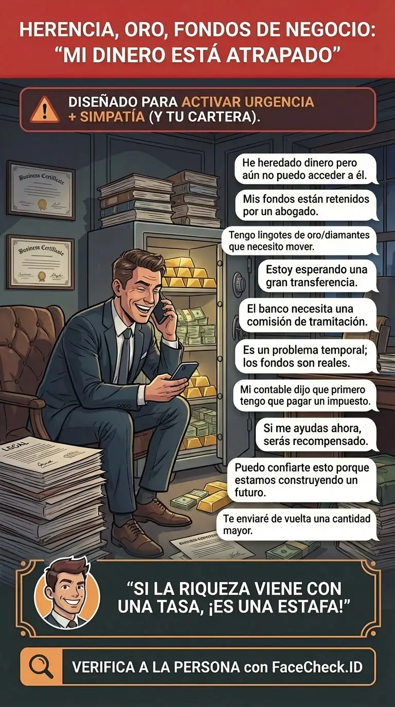 Infografía sobre estafas de herencia, oro y fondos de negocio donde el dinero está “atrapado” y necesita comisiones