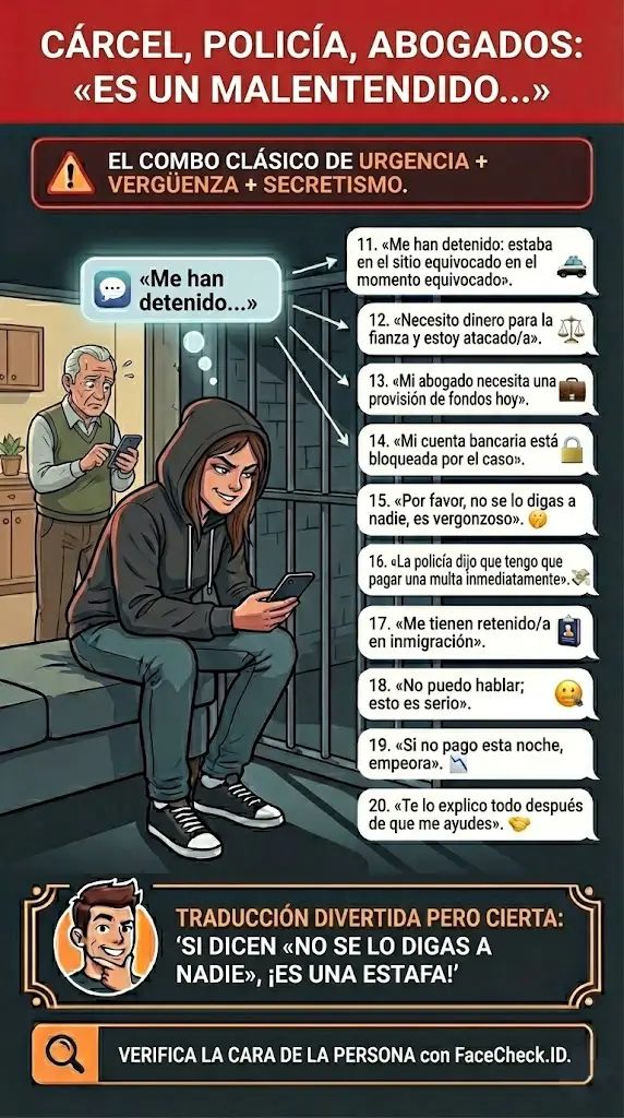 Infografía sobre estafas de cárcel, policía y abogados que usan la urgencia y el secretismo de «es un malentendido»