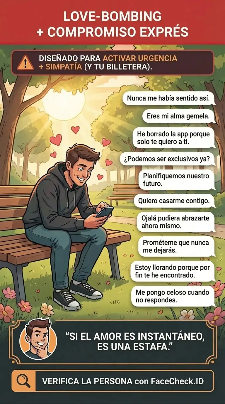 Infografía sobre señales de alerta del love-bombing mostradas a través de chats digitales y patrones de mensajería