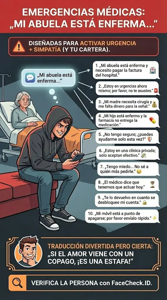 Infografía de advertencia sobre estafas de solicitud de dinero por emergencias médicas del tipo «Mi abuela está enferma…»