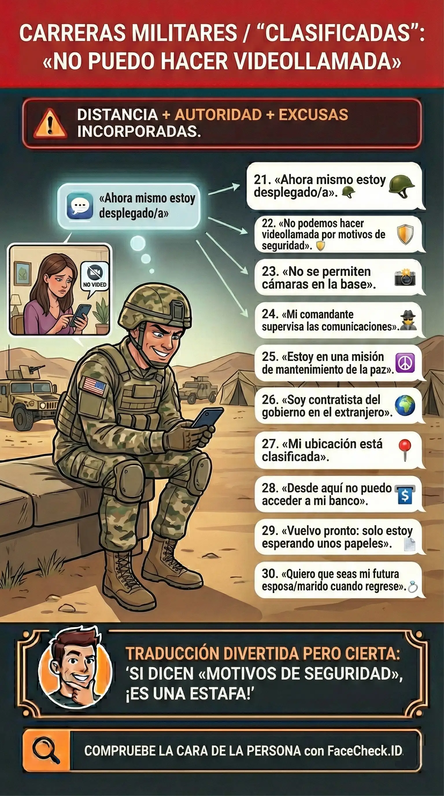 Infografía sobre estafas románticas militares y excusas de «no puedo hacer videollamada»