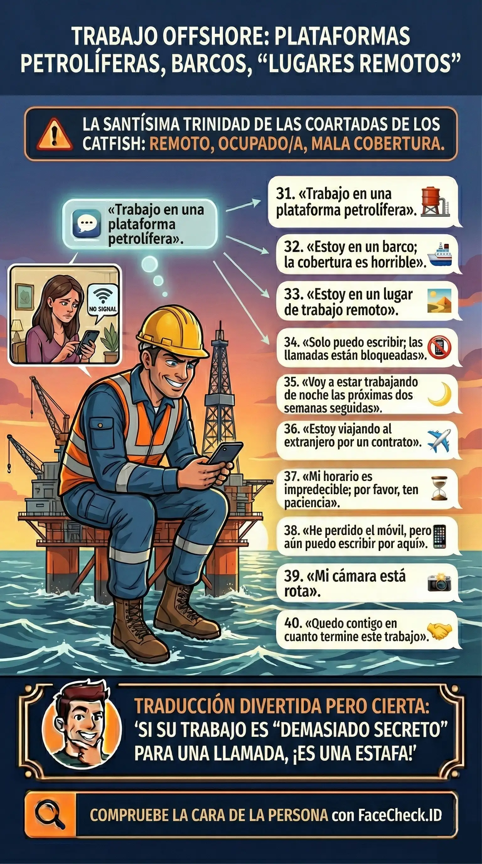 Infografía sobre coartadas de catfish con trabajo offshore como plataformas petrolíferas, barcos, lugares remotos y excusas de mala cobertura