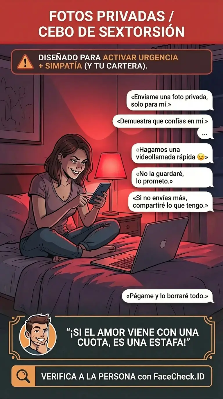 Infografía sobre el cebo de fotos privadas y las tácticas de estafa de sextorsión