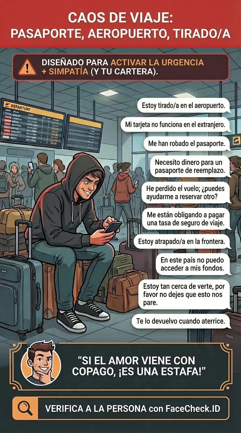 Infografía sobre estafas de viaje y comisiones falsas, emergencias y solicitudes de pago de última hora