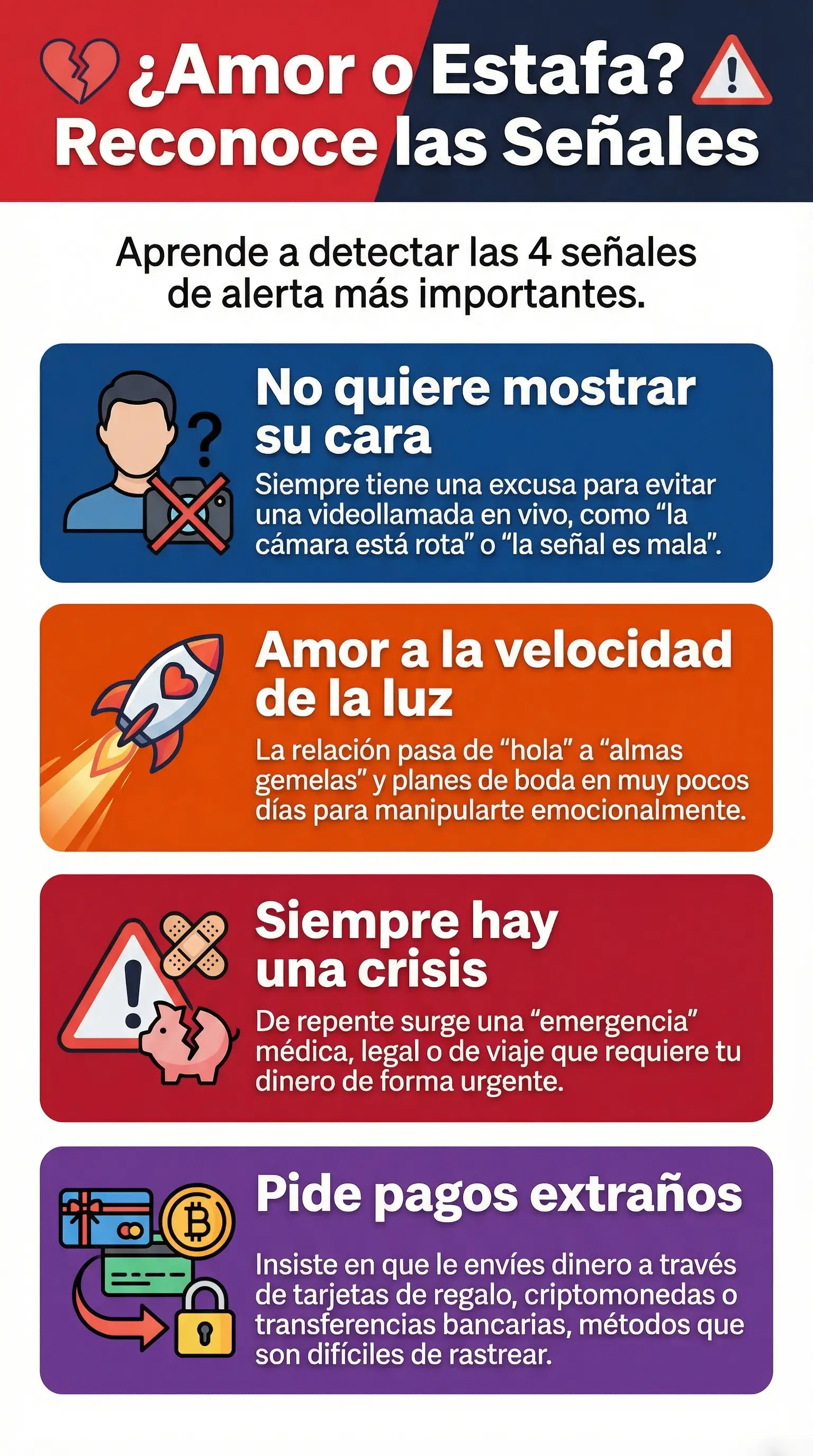 Ilustración de frases comunes de estafadores románticos en un chat de citas, destacando excusas, urgencia y solicitudes de pago