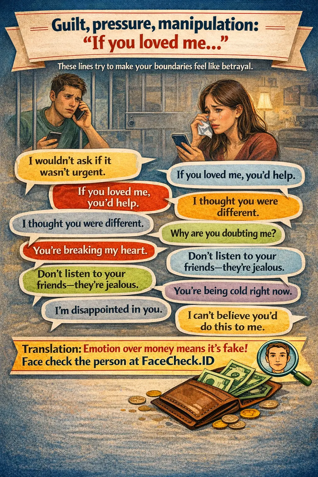 Infographic about emotional manipulation tactics and warning signs in online scams