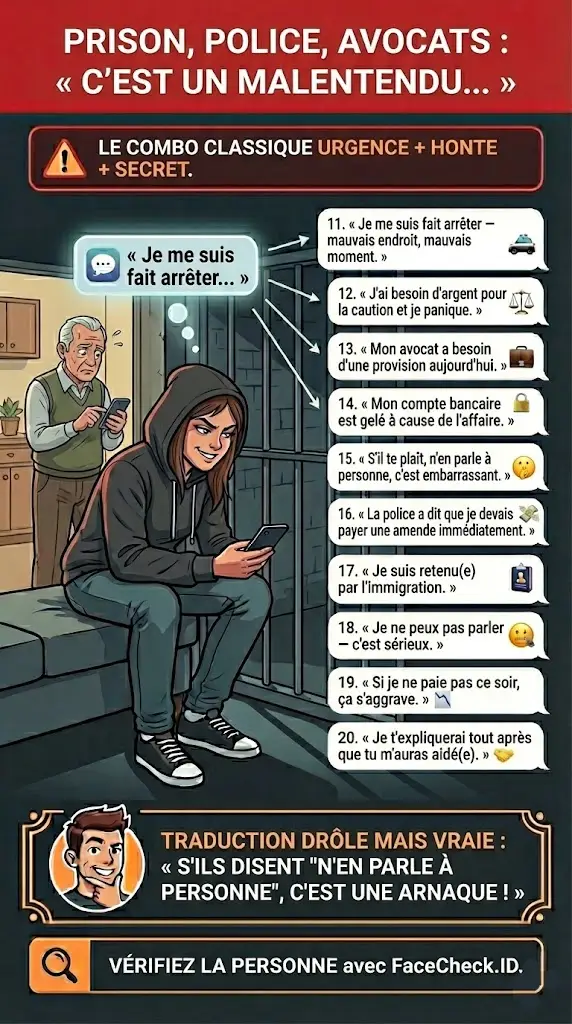 Infographie sur les arnaques prison, police et avocats utilisant l’urgence et le secret « c’est un malentendu »