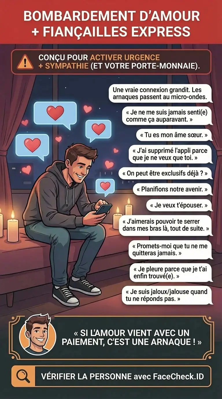 Infographie sur les signes d’alerte du love-bombing montrés à travers des discussions numériques et des schémas de messagerie