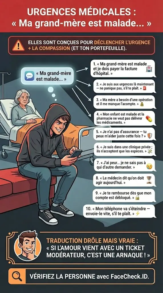 Infographie avertissant des arnaques de demande d’argent pour urgence médicale « Ma grand-mère est malade… »