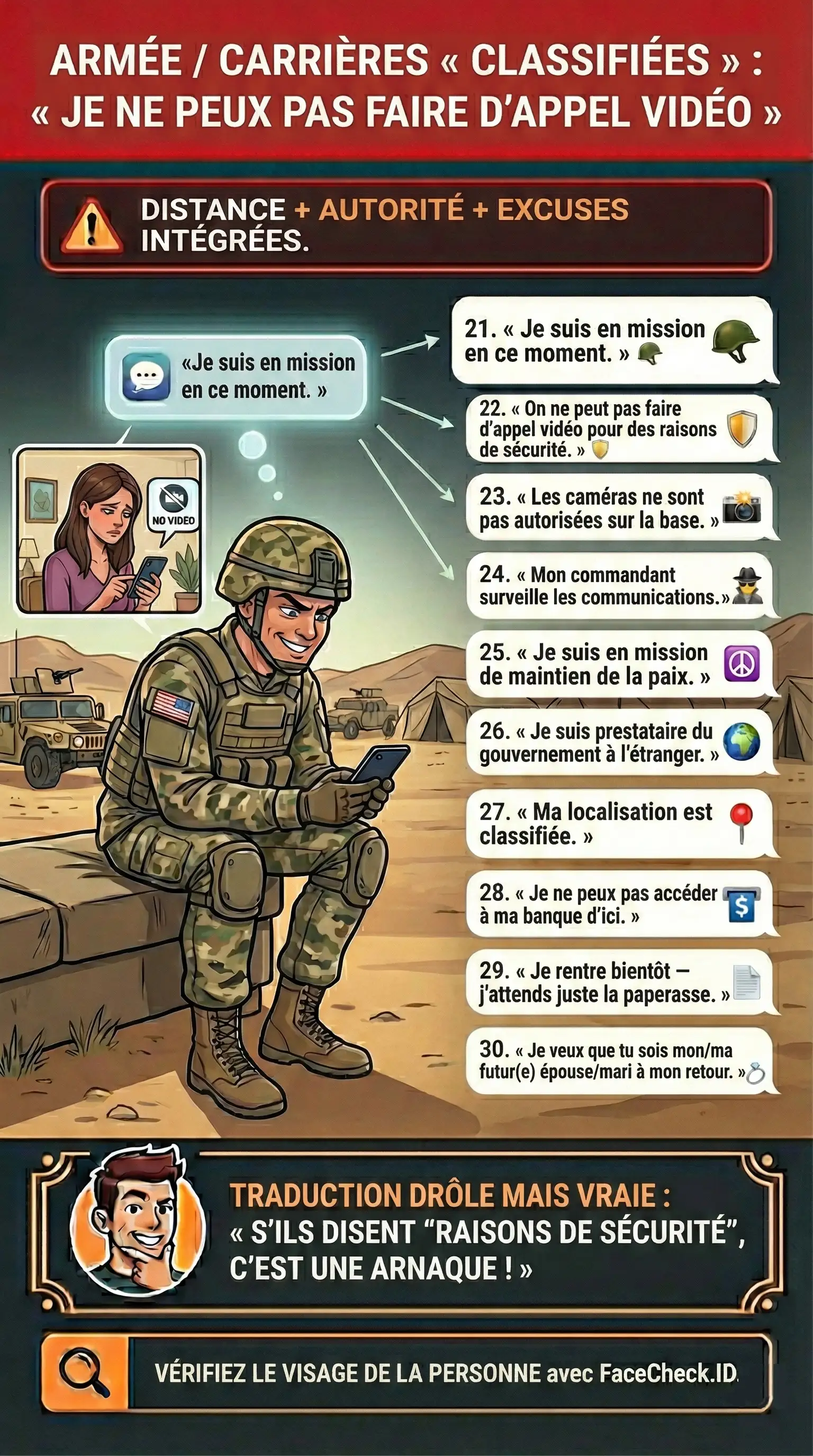 Infographie sur les arnaques à la romance liées à l’armée et les excuses « Je ne peux pas faire d’appel vidéo »