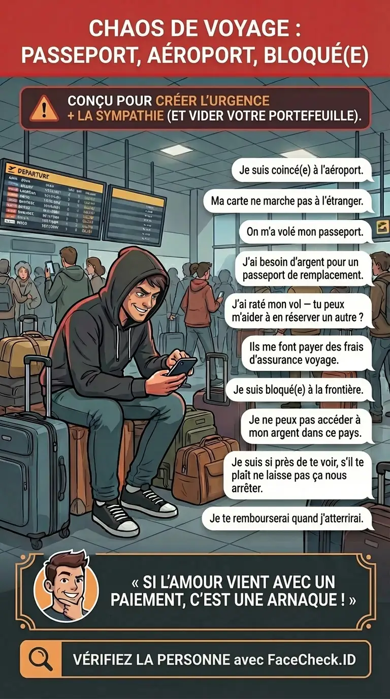 Infographie sur les arnaques au voyage et les faux frais, urgences et demandes de paiement de dernière minute