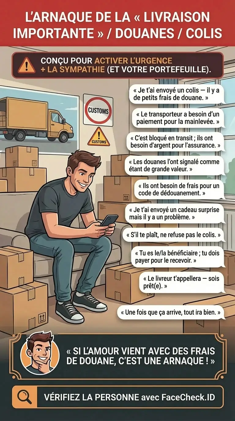 Infographie sur les arnaques de « livraison importante » liées aux douanes et aux colis exigeant un paiement urgent