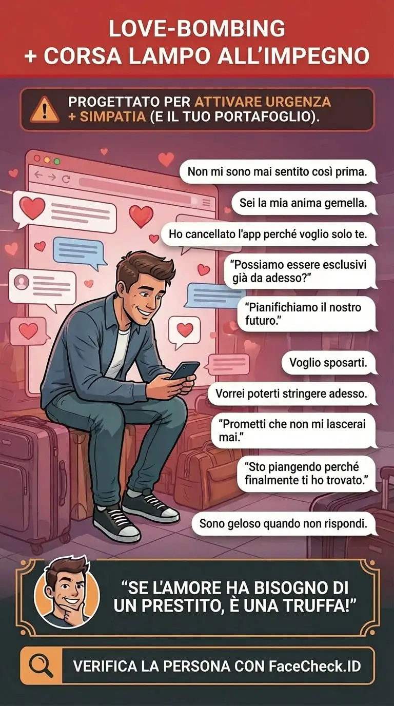 Infografica sui segnali di allarme del love-bombing mostrati tramite chat digitali e schemi di messaggistica