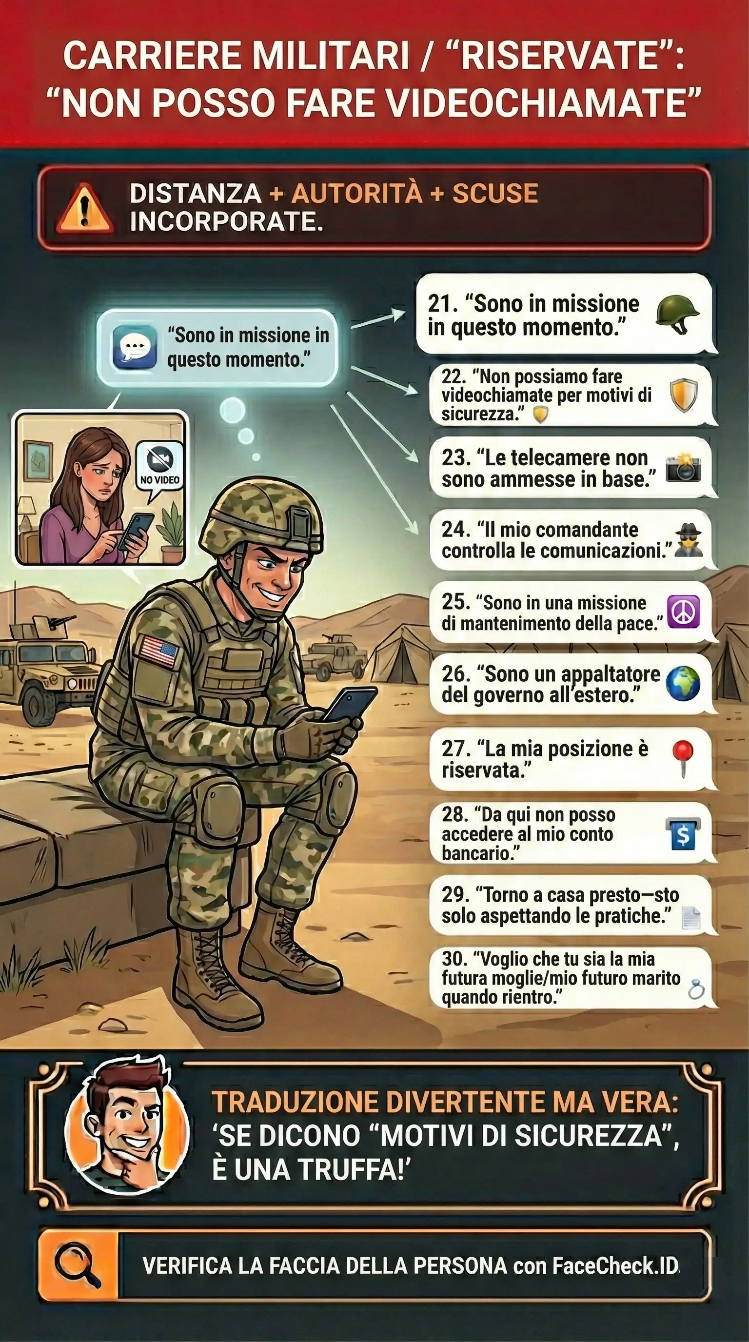 Infografica sulle truffe romantiche militari e sulle scuse “non posso fare videochiamate”