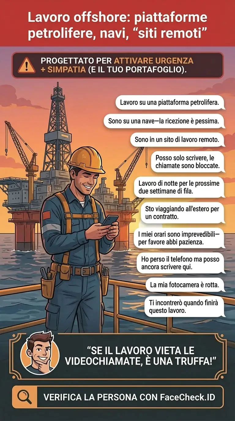 Infografica sugli alibi dei catfish con lavoro offshore come piattaforme petrolifere, navi, siti remoti e scuse di segnale scarso