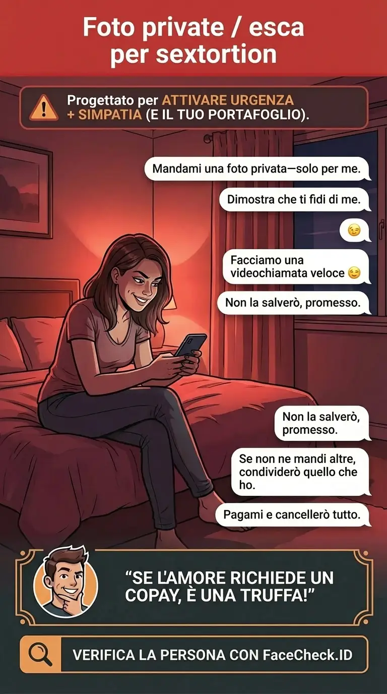 Infografica sulle esche con foto private e tattiche di truffa sextortion