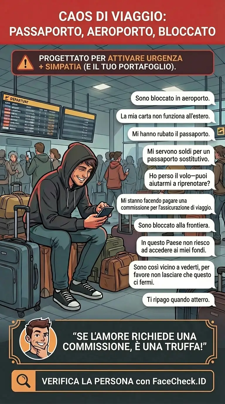 Infografica sulle truffe di viaggio e su finte commissioni, emergenze e richieste di pagamento all’ultimo minuto