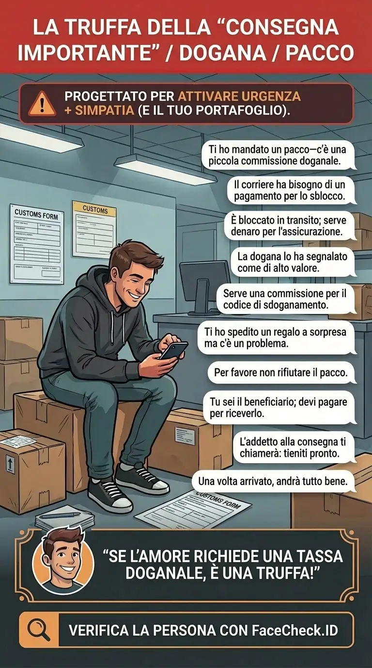 Infografica sulle truffe di dogana e pacchi con “consegna importante” che richiedono un pagamento urgente