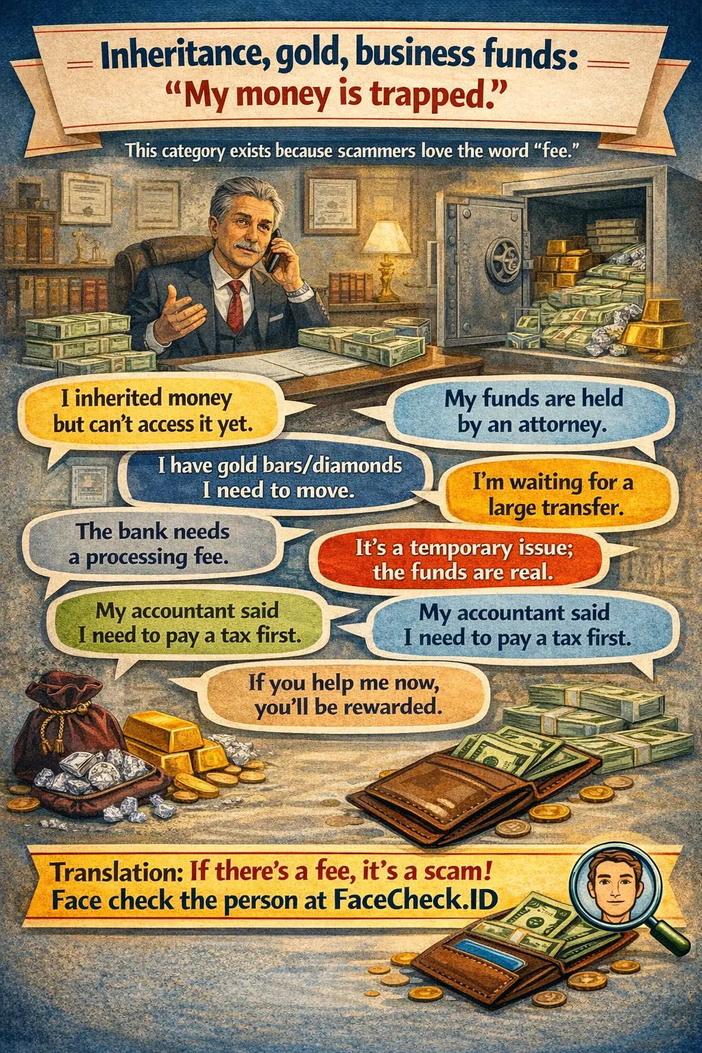Infographic about inheritance, gold, and business funds scams where money is “trapped” and needs fees