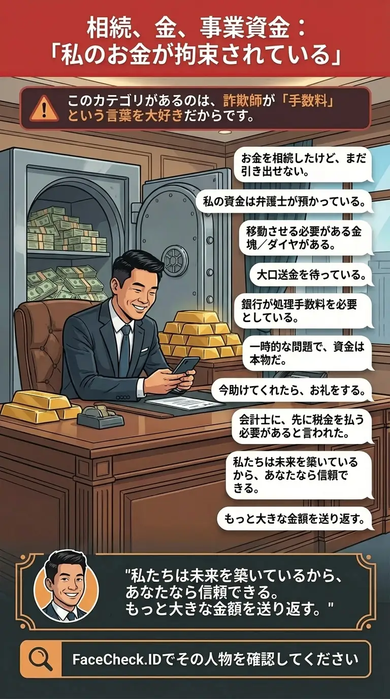 相続・金・事業資金詐欺（資金が「拘束されている」ため手数料が必要）に関するインフォグラフィック