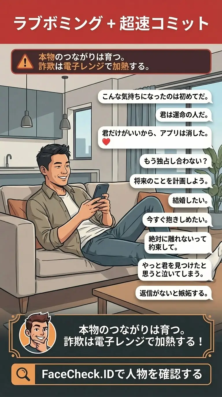 デジタルチャットやメッセージのパターンで示されるラブボミングの警告サインに関するインフォグラフィック