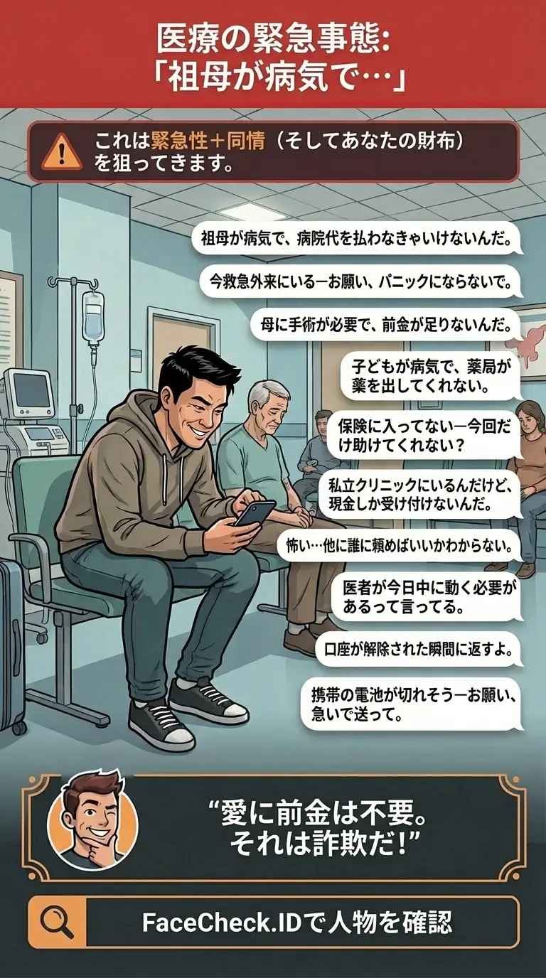 「祖母が病気で…」の医療緊急を装った金銭要求詐欺への警告インフォグラフィック