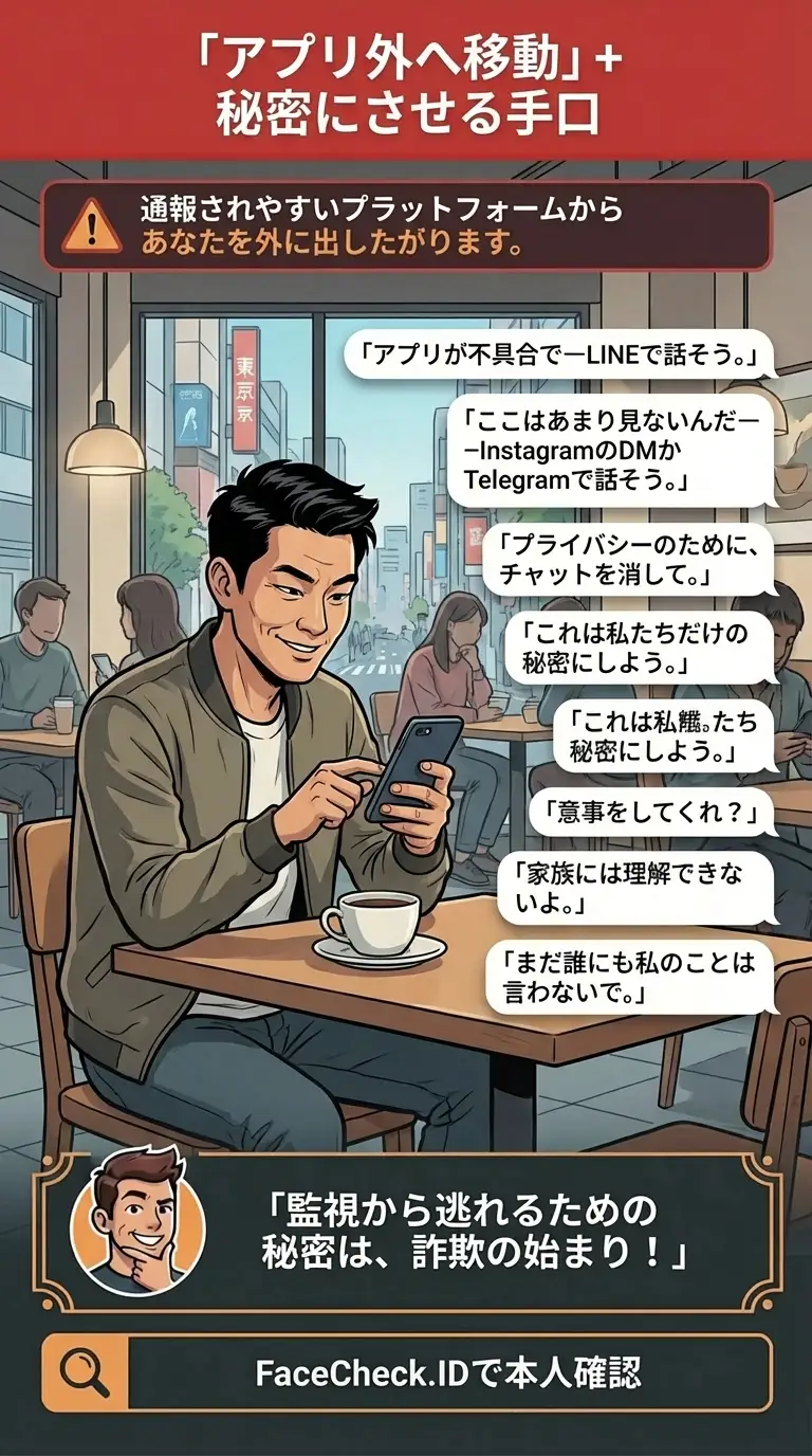 詐欺師が使う「アプリ外へ移動」させる秘密工作に関するインフォグラフィック