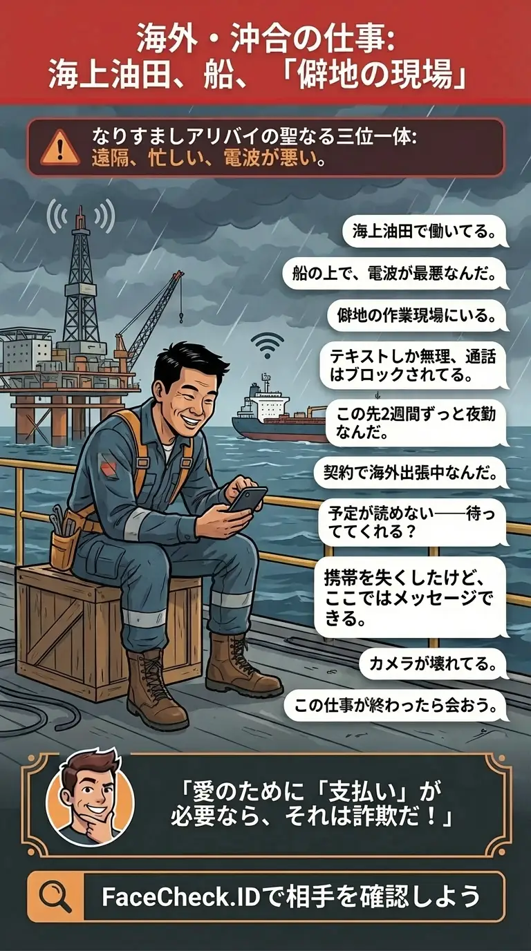 海上油田、船、僻地、電波が悪いなどの言い訳を使う沖合勤務のなりすまし（キャットフィッシュ）アリバイに関するインフォグラフィック