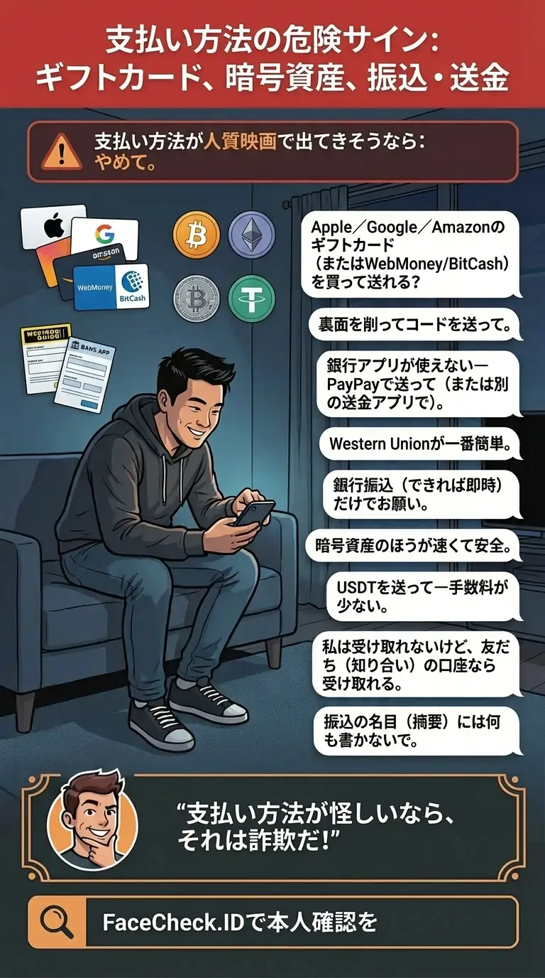 ギフトカード、暗号資産、電信送金など支払い方法の危険サインに関するインフォグラフィック