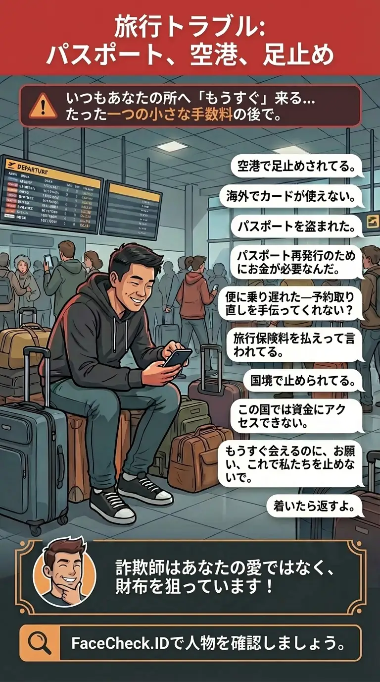 旅行詐欺と偽の手数料、緊急事態、直前の支払い要求に関するインフォグラフィック