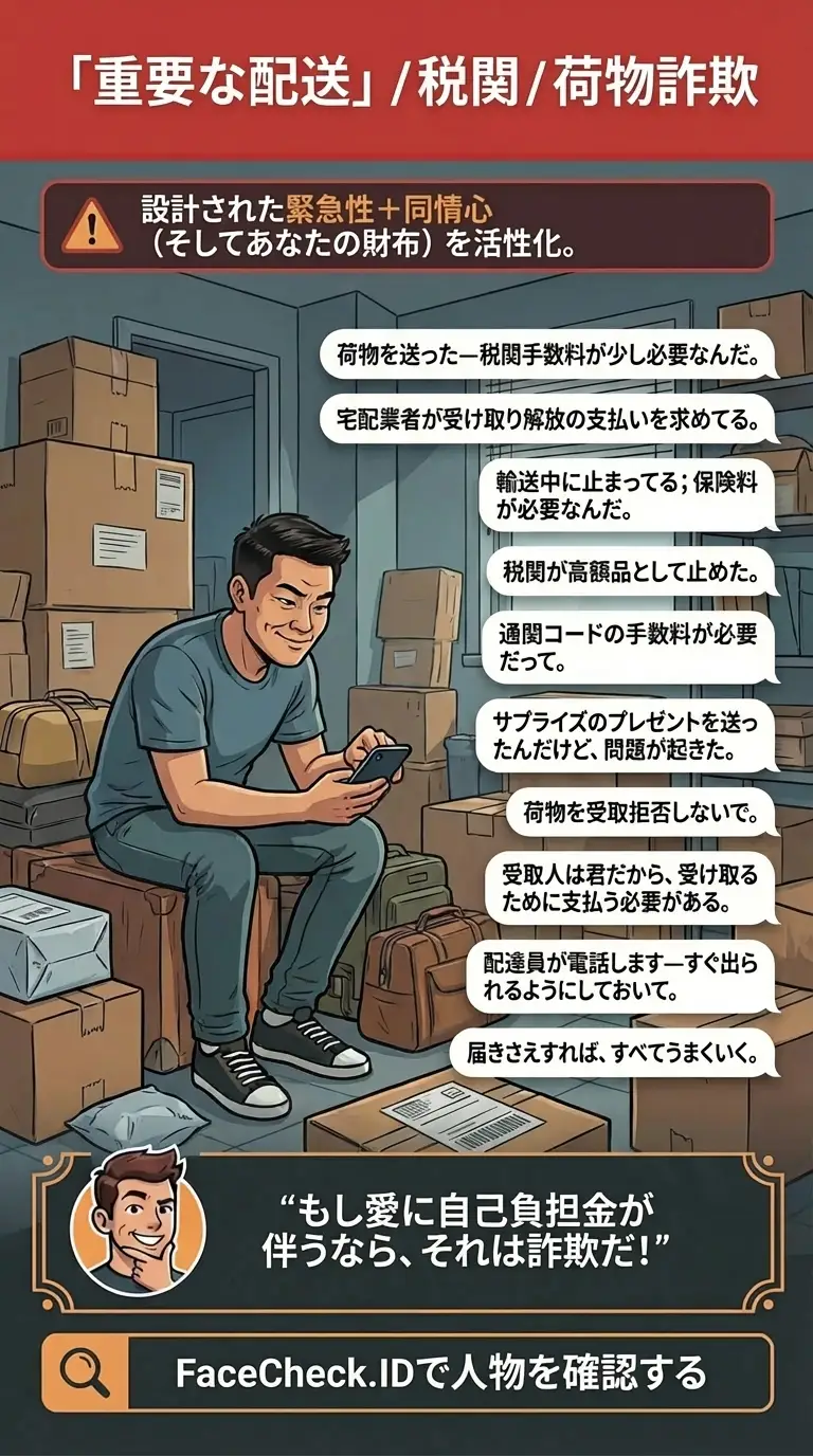 「重要な配送」の税関・荷物詐欺が緊急の支払いを要求することへのインフォグラフィック