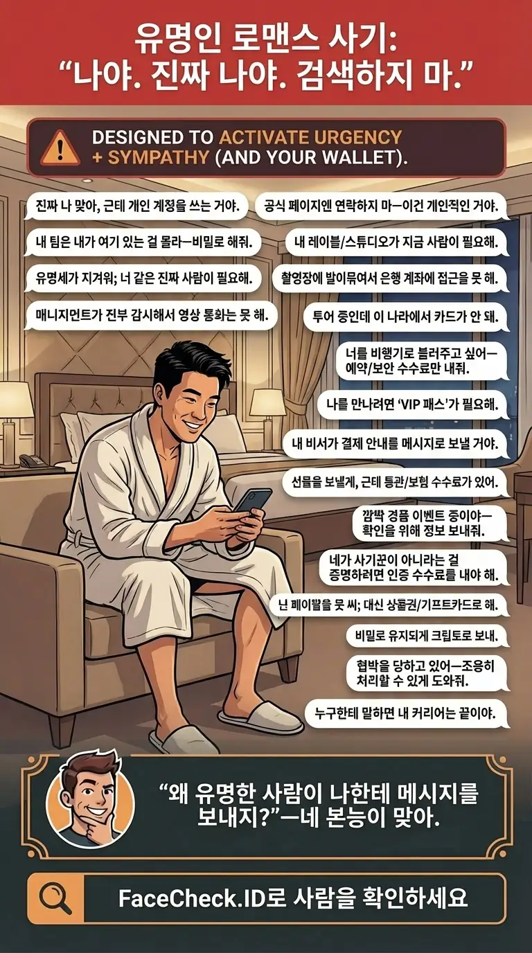 유명인 로맨스 사기와 사칭 위험 신호에 대한 인포그래픽