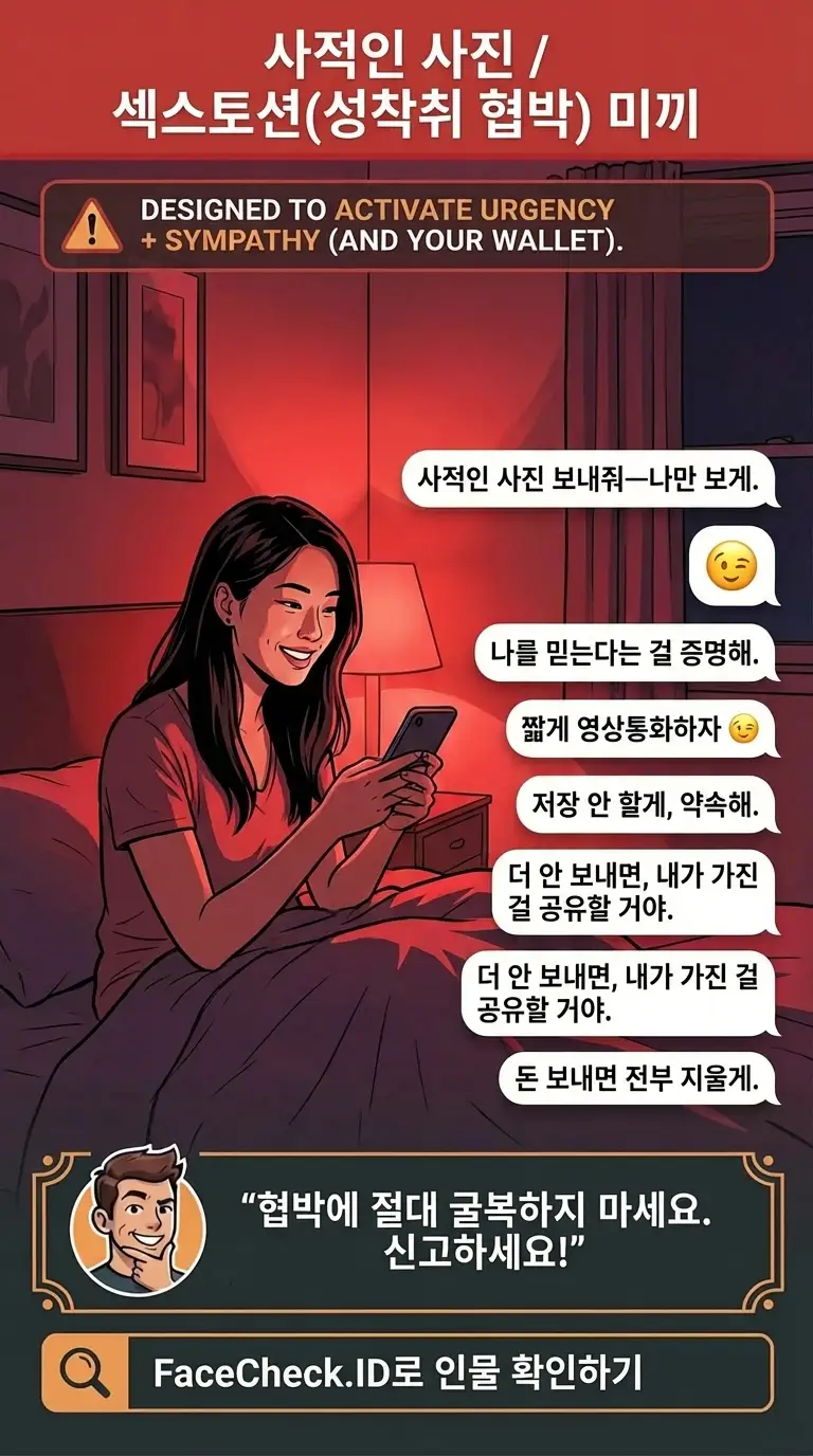 사적인 사진 미끼와 섹스토션 사기 수법에 대한 인포그래픽