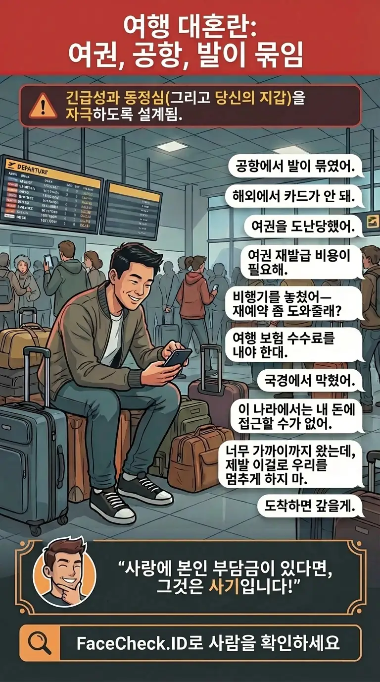여행 사기와 가짜 수수료, 응급상황, 막판 결제 요청에 대한 인포그래픽