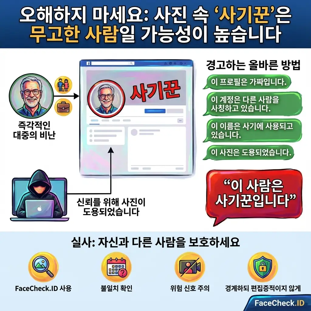 수상한 소셜 미디어 프로필 사진을 확인하기 위해 역이미지 검색을 하는 사람