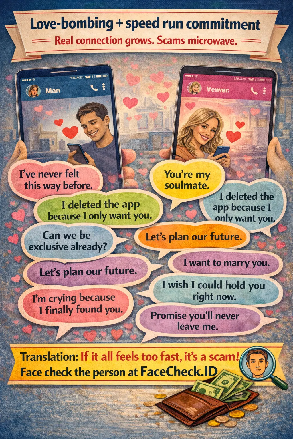 Infographic about love-bombing warning signs shown through digital chats and messaging patterns