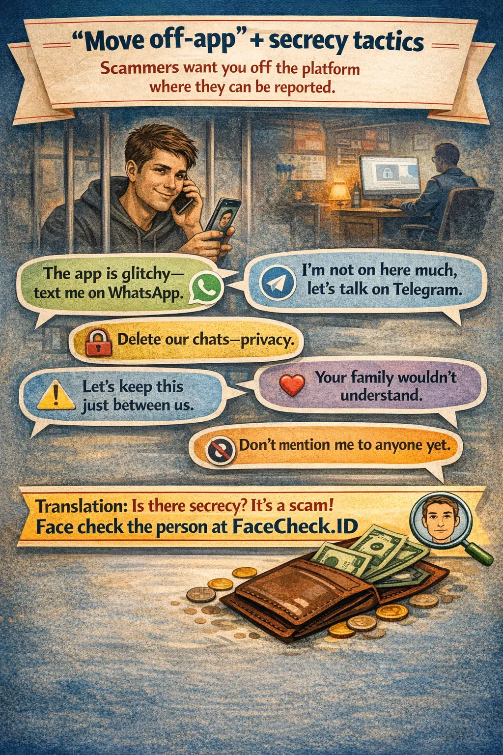 Infographic about “move off the app” secrecy tactics used by scammers