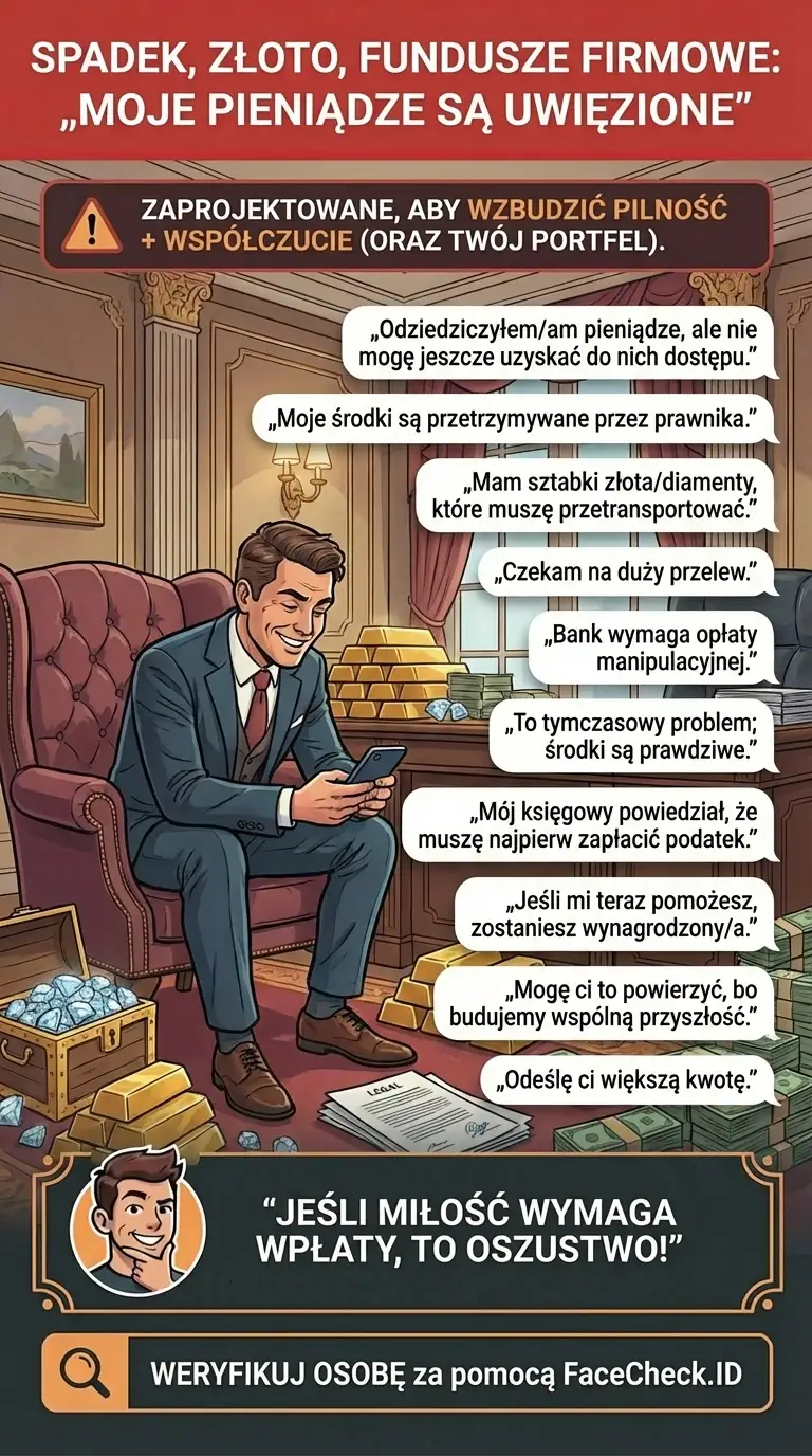 Infografika o oszustwach ze spadkiem, złotem i funduszami firmowymi, gdzie pieniądze są „uwięzione” i wymagają opłat