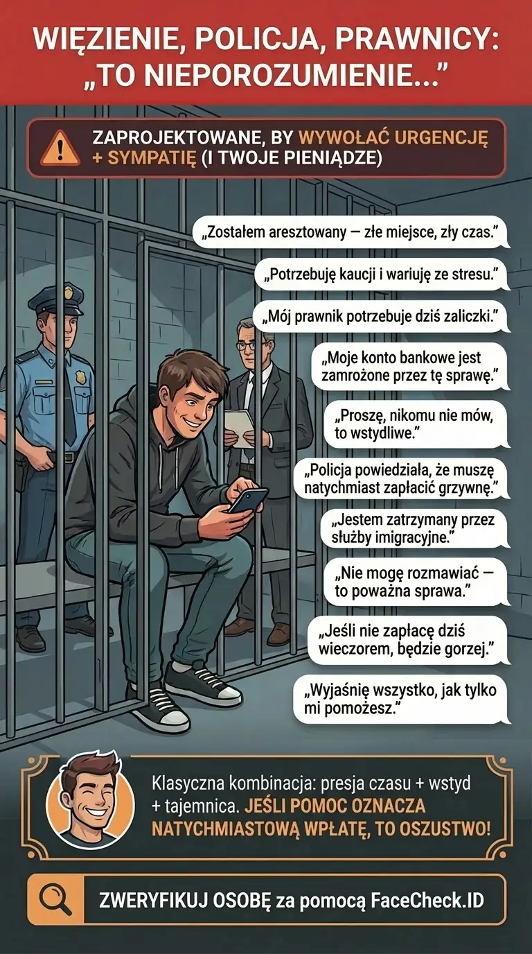 Infografika o oszustwach z więzieniem, policją i prawnikami wykorzystujących „to nieporozumienie” oraz presję czasu i tajemnicę