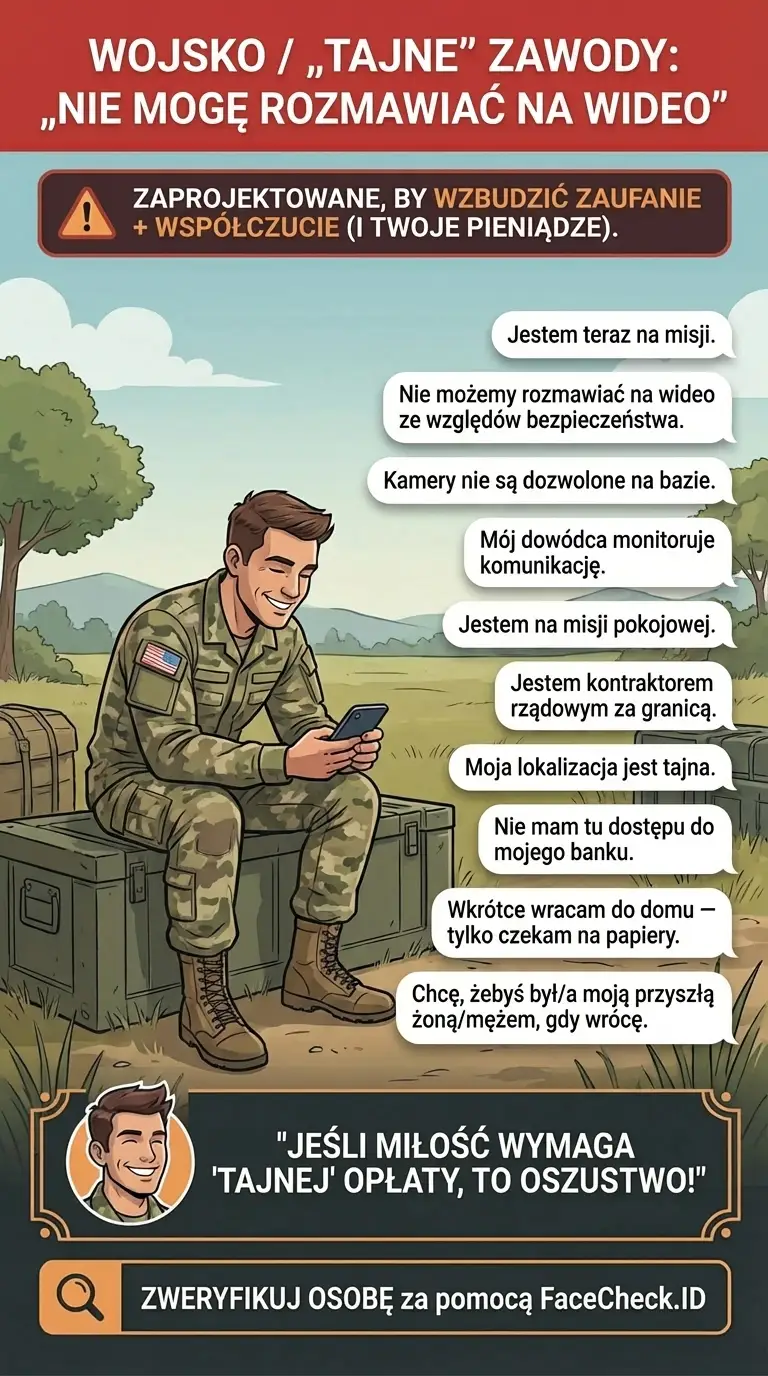 Infografika o wojskowych oszustwach romantycznych i wymówkach typu „Nie mogę rozmawiać na wideo”