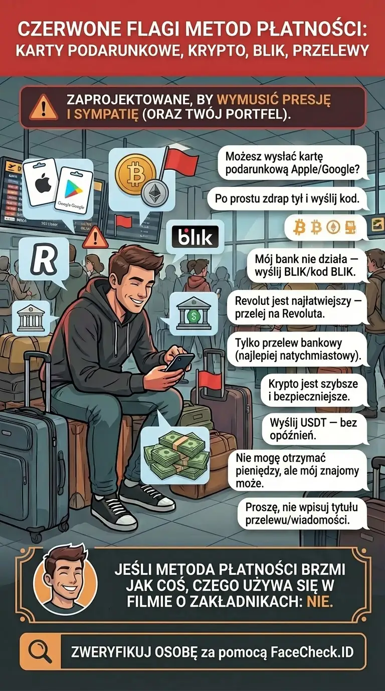 Infografika o czerwonych flagach metod płatności, takich jak karty podarunkowe, krypto i przelewy bankowe