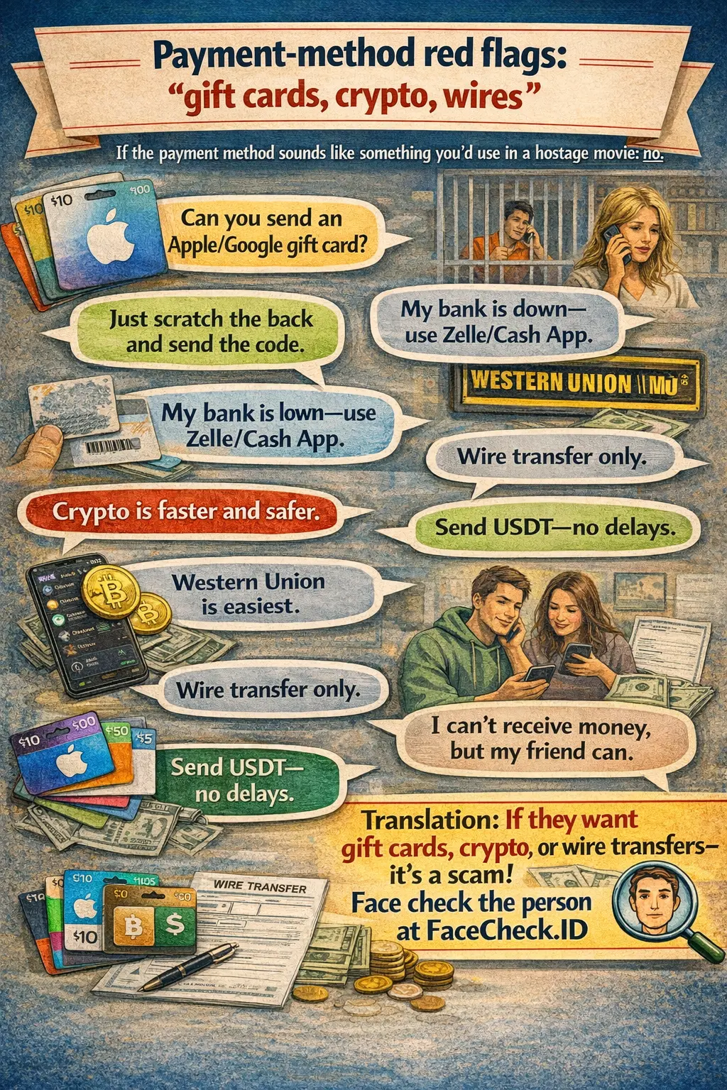 Infographic about payment method red flags like gift cards, crypto, and wire transfers