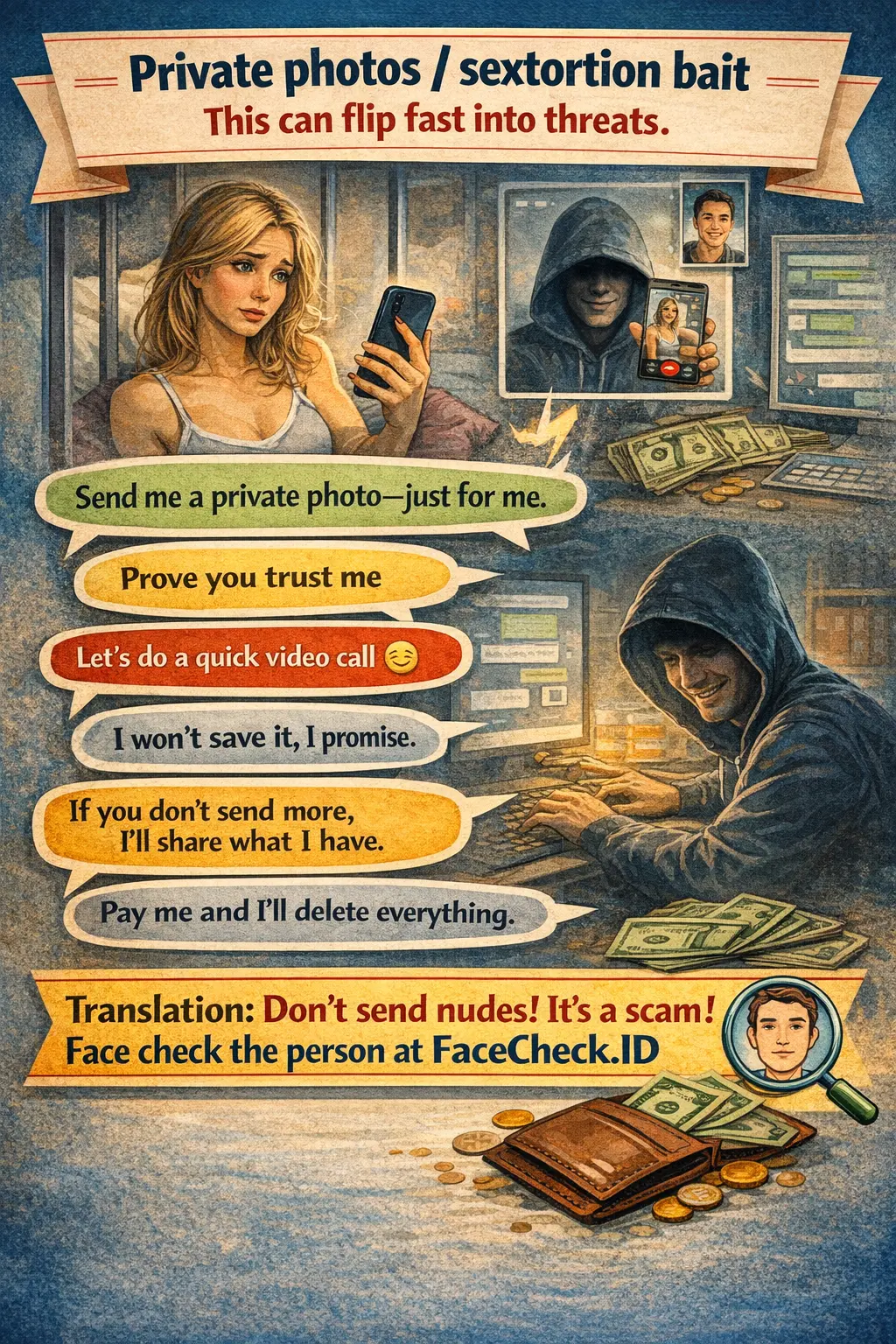 Infographic about private photo bait and sextortion scam tactics