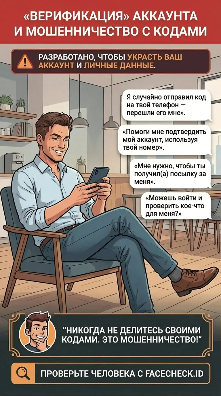 Инфографика о мошенничестве с “верификацией” аккаунта и трюках с одноразовыми кодами