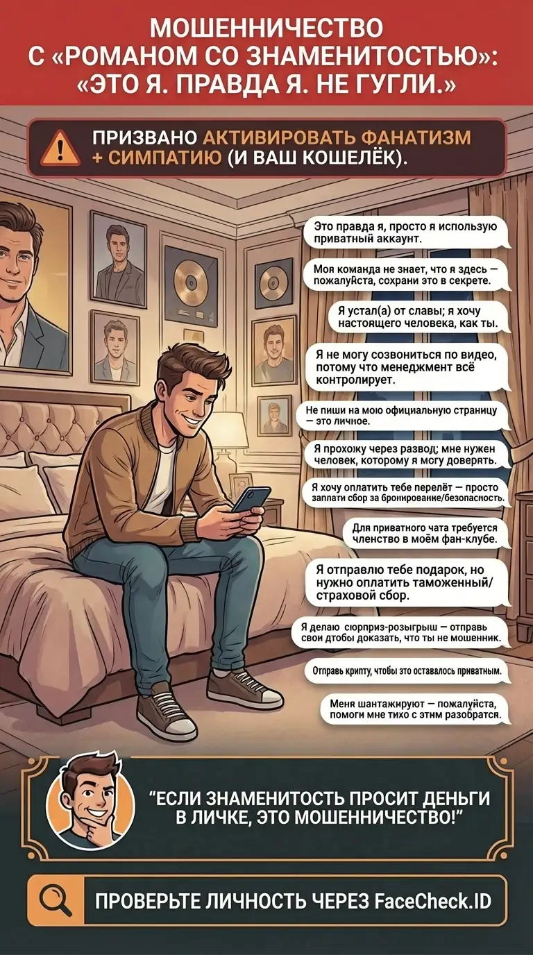 Инфографика о мошенничестве со «знаменитостями» и красных флагах подражания