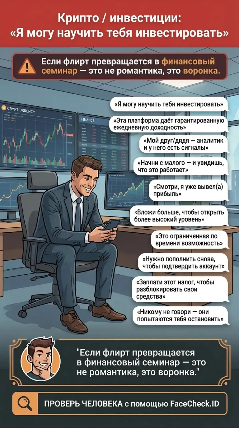 Инфографика о предупреждениях о криптомошенничестве, советах по профилактике и распространённых схемах обмана