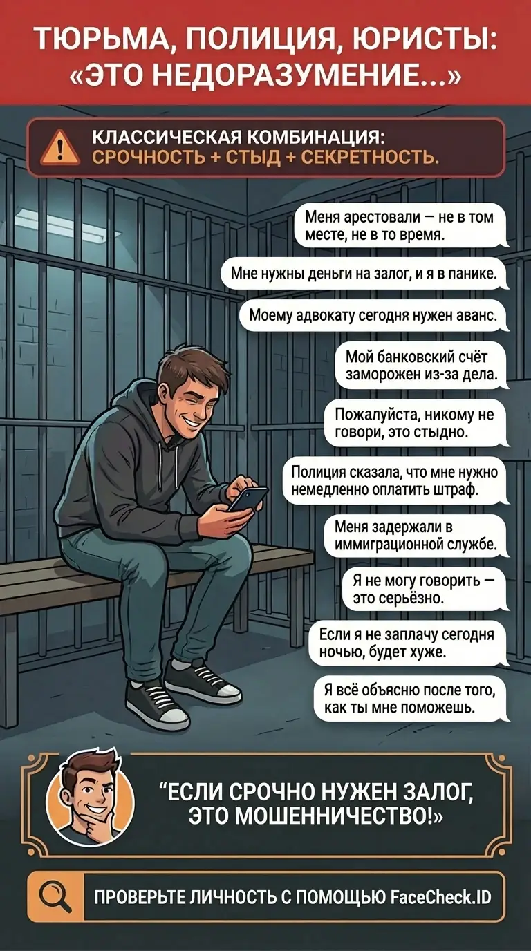 Инфографика о мошенничествах с тюрьмой, полицией и юристами, использующих «это недоразумение» для срочности и секретности