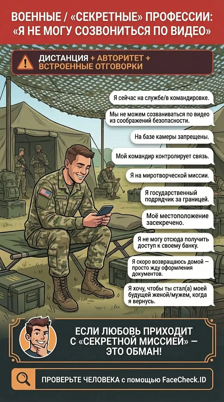 Инфографика о романтических мошенничествах под видом военных и отговорках «я не могу созвониться по видео»