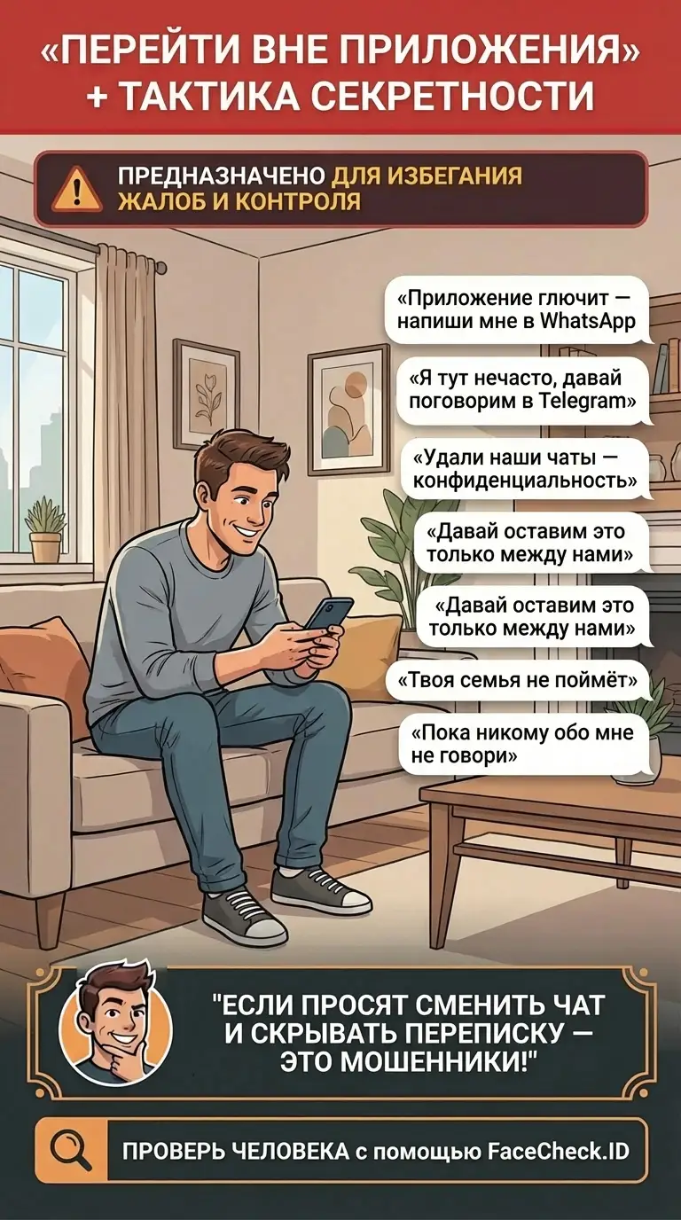 Инфографика о тактиках секретности «уйдём из приложения», которые используют мошенники